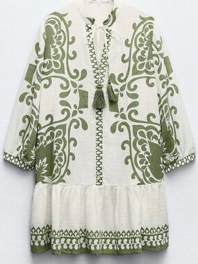 Zara Ivory and Green Tassel Tunic XS